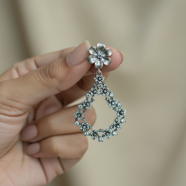 Silver Bloom Diamond Drop Earrings