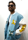 Sky Blue Cartoon Patch Varsity Jacket