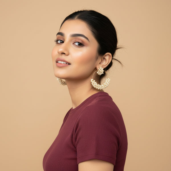 Elegant Pearl Cluster Gold Hoop Earrings