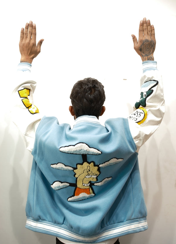 Sky Blue Cartoon Patch Varsity Jacket