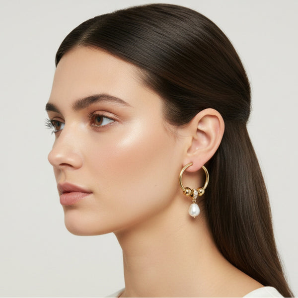 Pearl Charm Golden Hoop Earrings