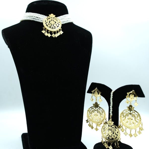 Royal Golden Filigree Pearl Choker & Chandbali Earring Set