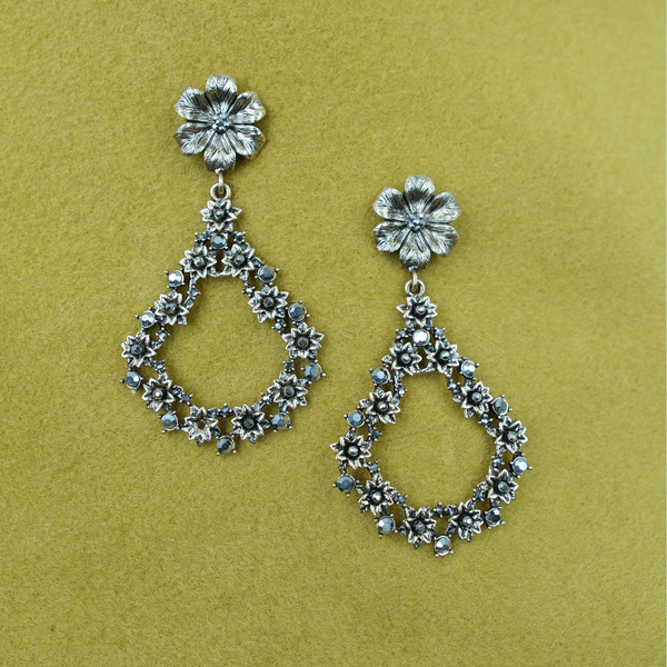 Silver Bloom Diamond Drop Earrings
