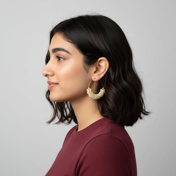 Elegant Pearl Cluster Gold Hoop Earrings